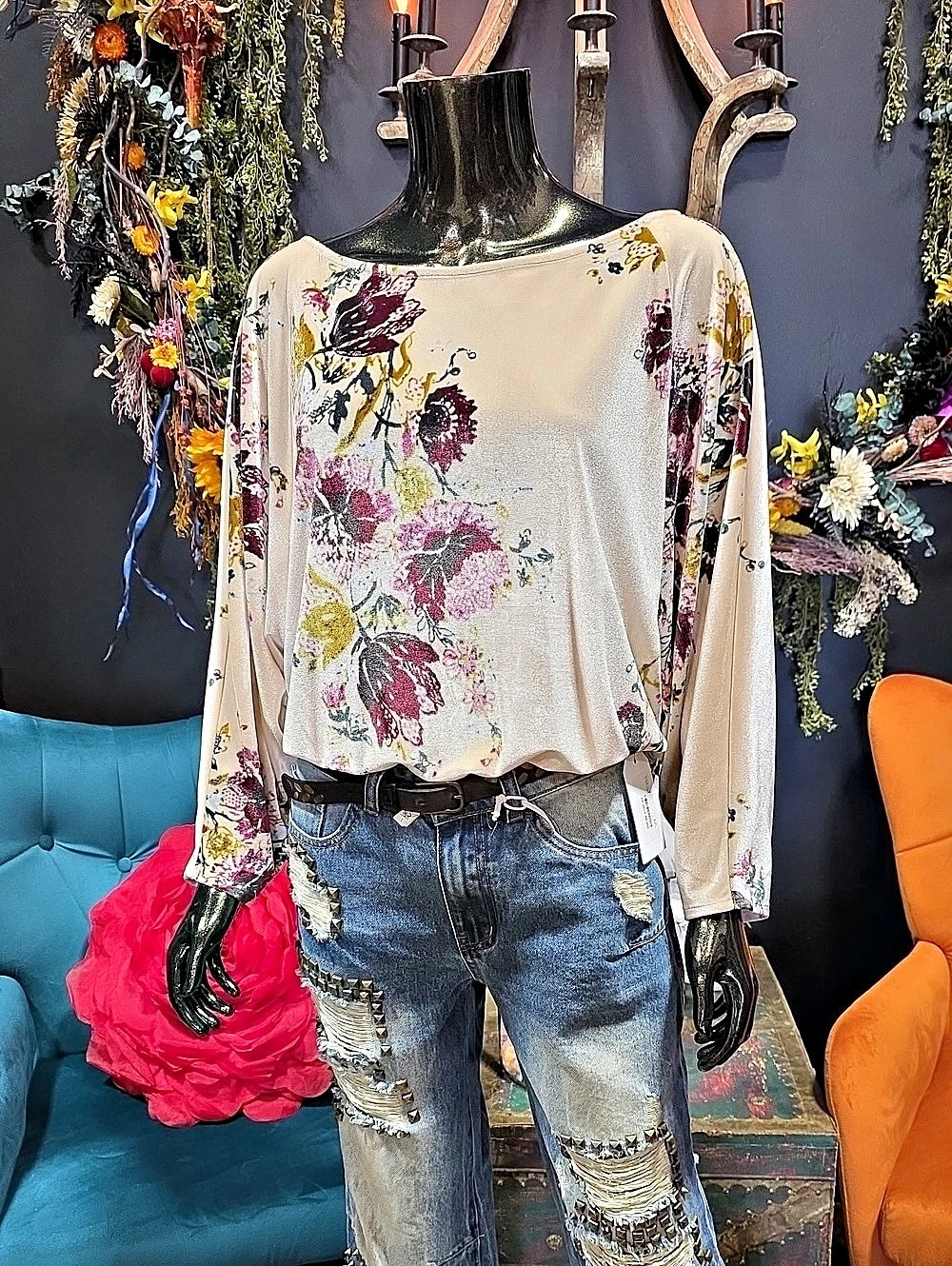 Free People Velvet Floral Pattern Bodysuit Blouse